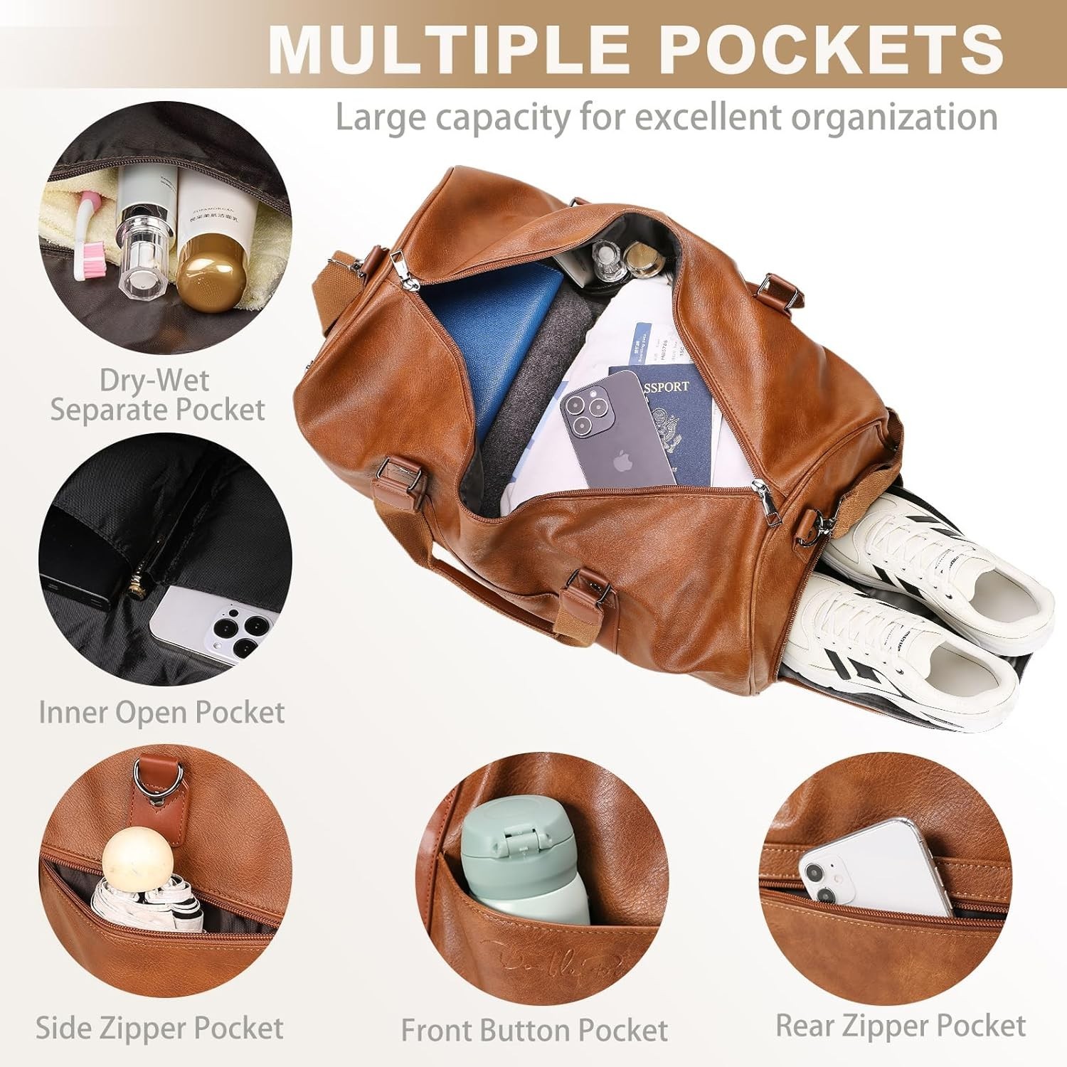 3-in-1 Leather Duffle Bag for Travel with Toiletry Bag and Shoe Compartment, …