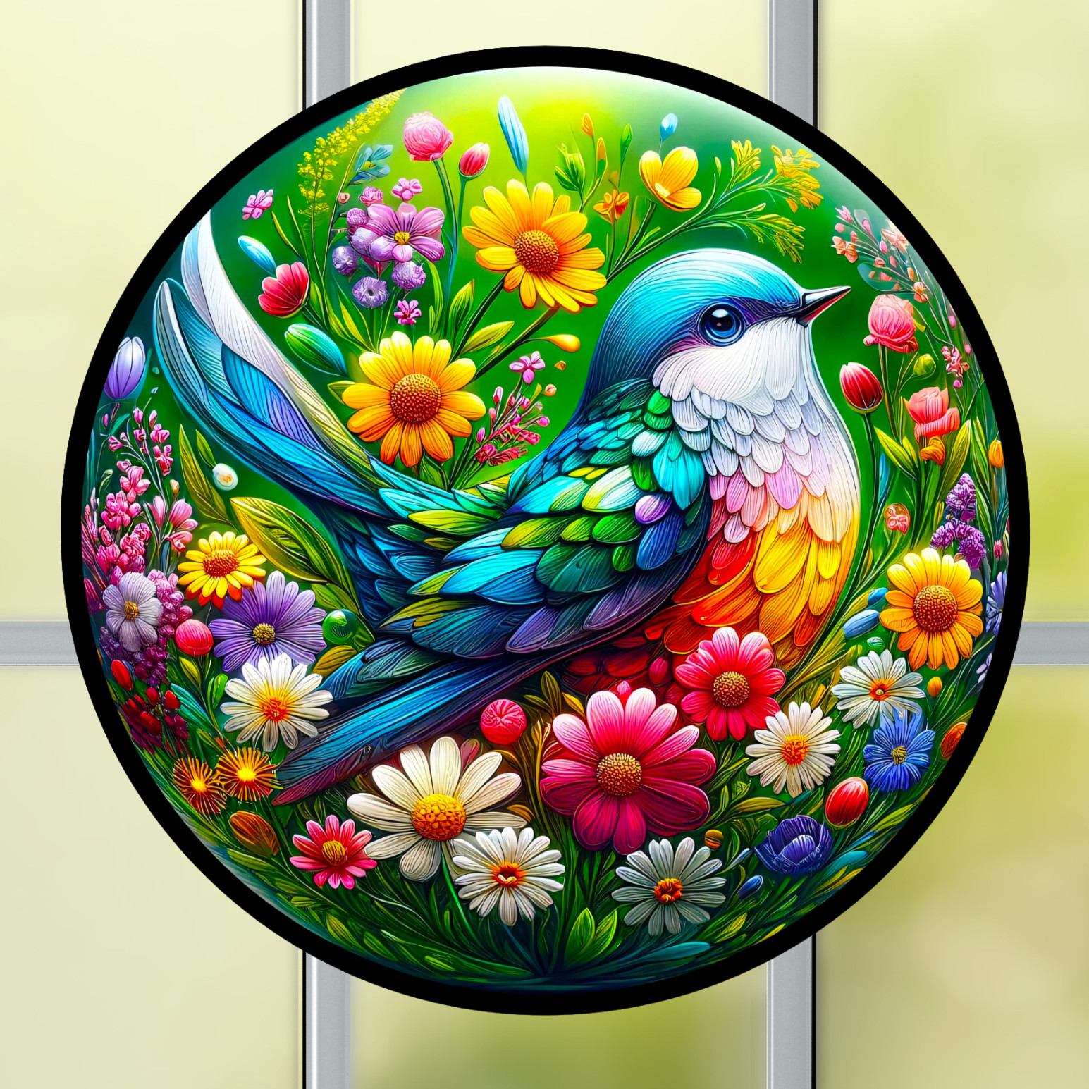 Pretty Bird & Daisy Flowers WINDOW CLING Sun-catcher Size 8" Round