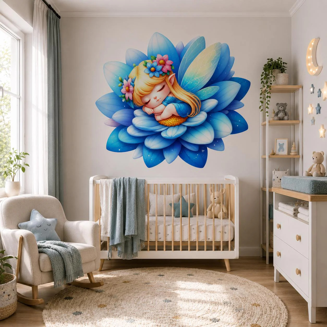 Sleeping Fairy Wall Vinyl Decal | Cute Blue Flower Fairy Sticker