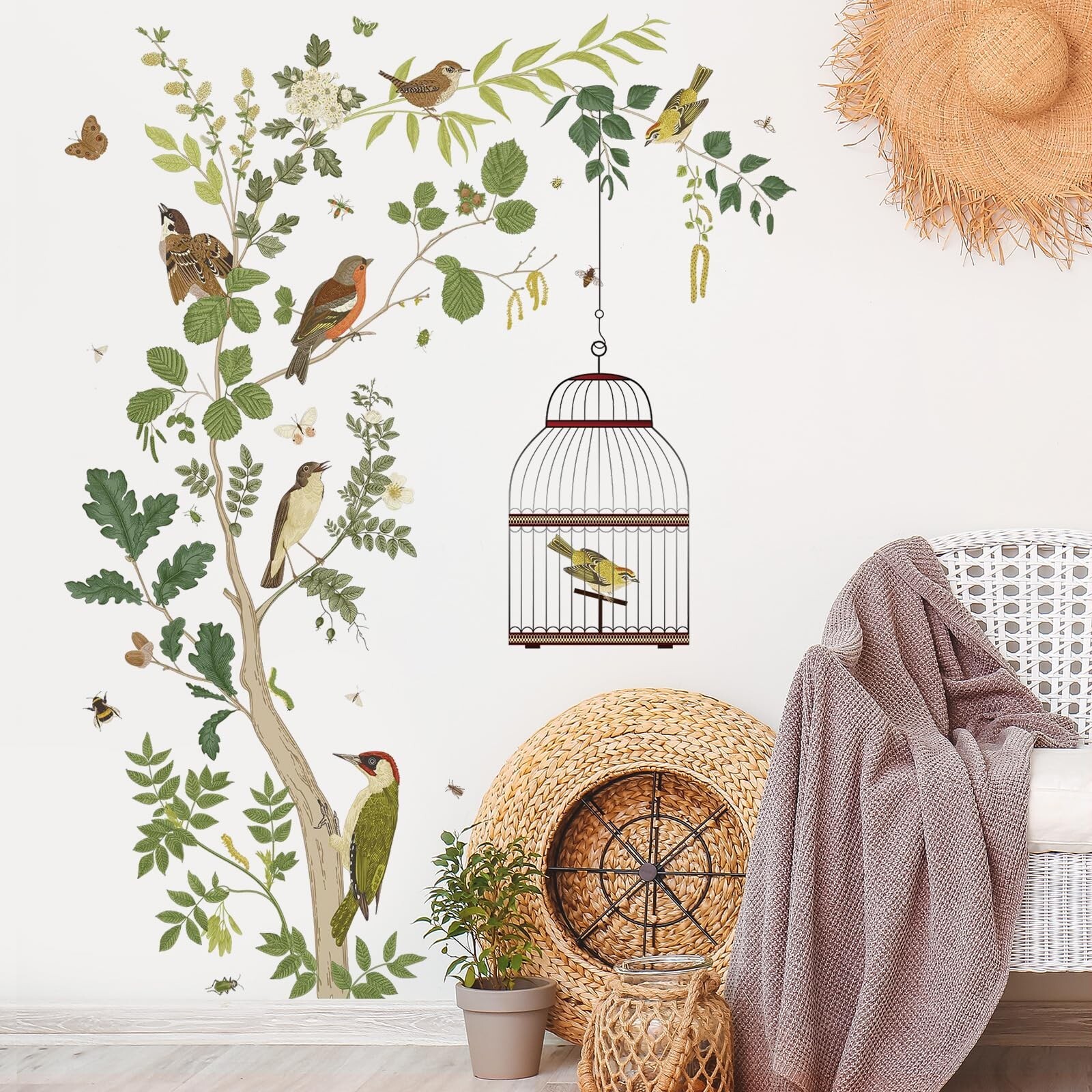 Removable Tree Bracnch Wall Decal Fresh Plant Leaves Wall Sticker Birds and H…
