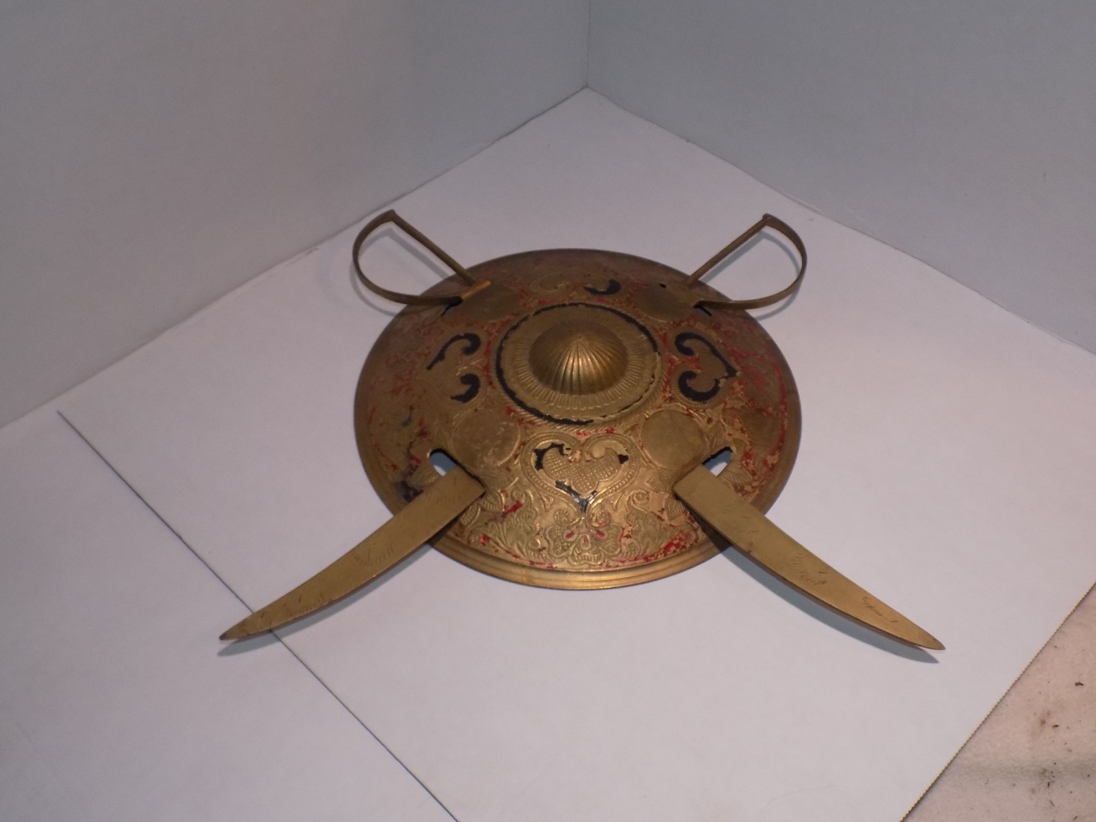 Decorative Brass Shield with Two Swords, Enamel Work Wall Hanging Showpiece Gift