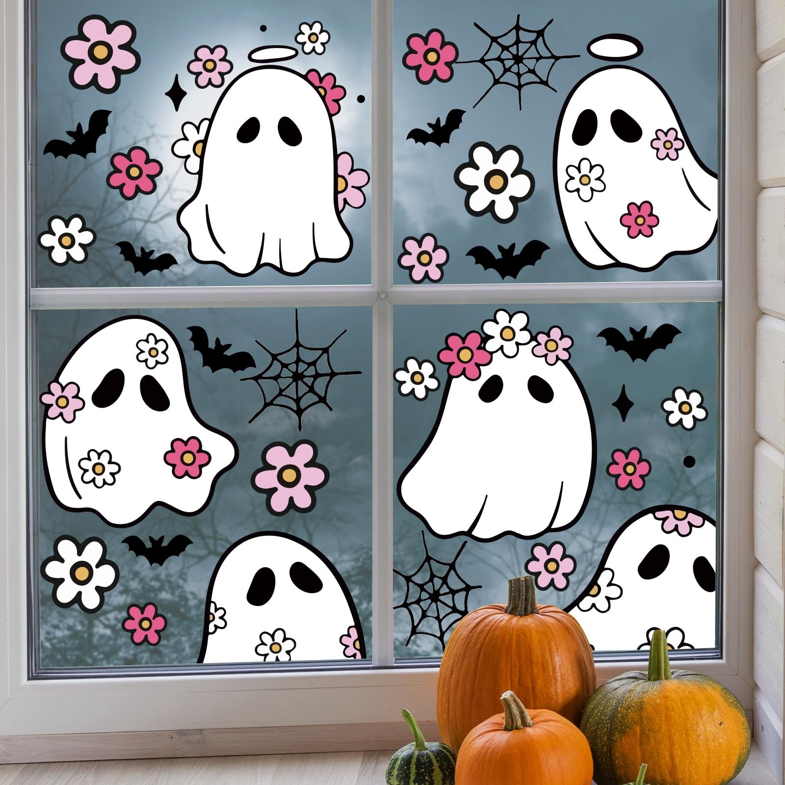 JarThenaAMCS 84Pcs Halloween Window Clings Floral 7.9 x 11.8 inch, Multicolor