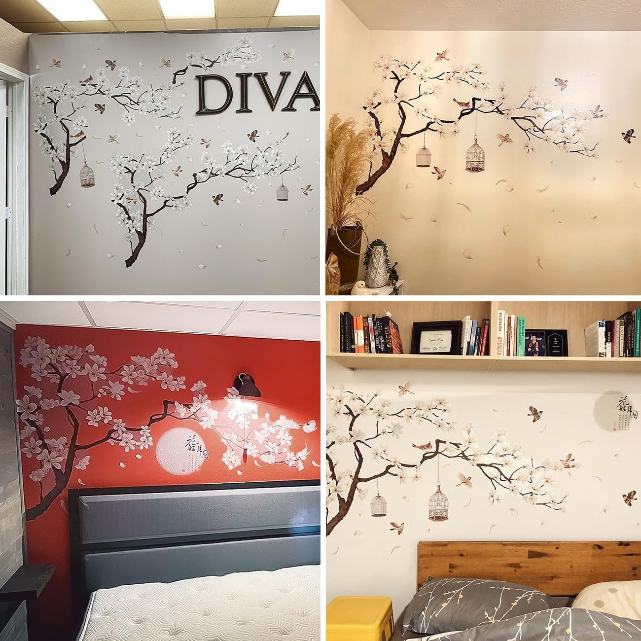 Chinese Style Wall Decals White Flowers Black Tree & Birds, Removable DIY Wall