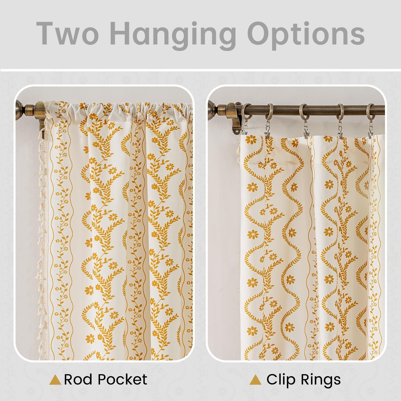 Yellow Boho Curtains 72 Inch Long for Living Room, Bedroom, 2 Panels Floral F…