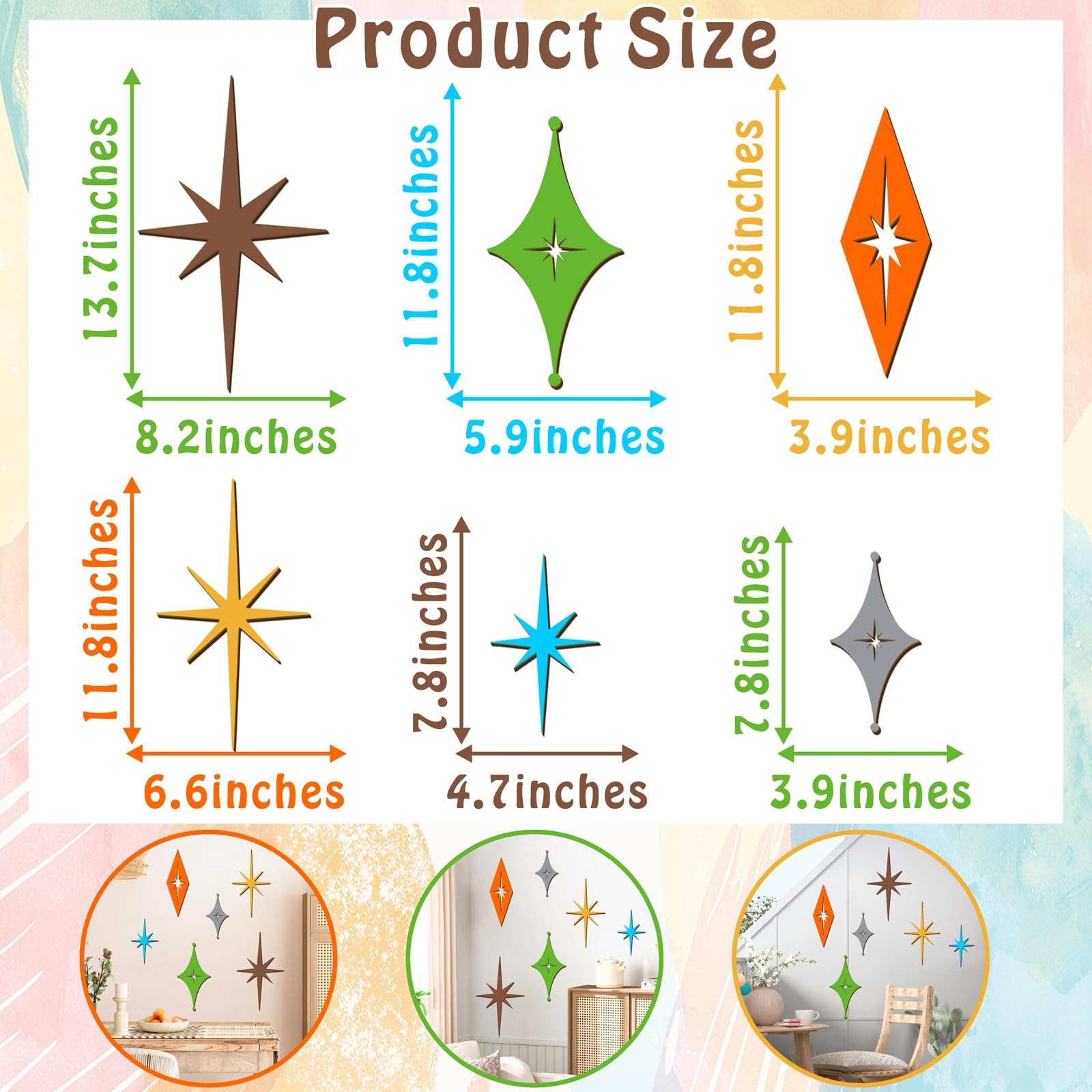 6 Pcs Wooden Star Wall Decor Colorful Starburst Walls Art Mid Century Modern …