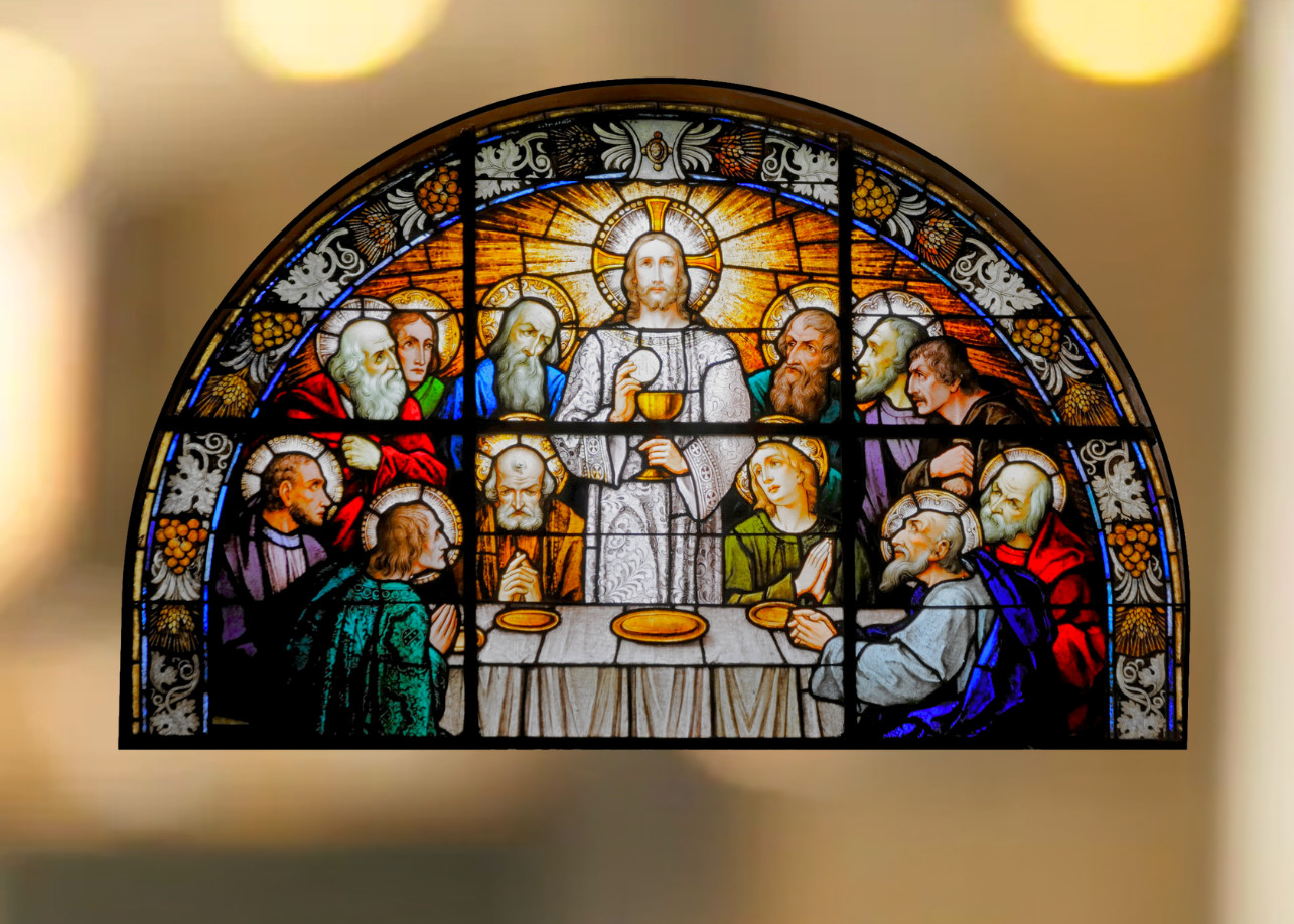 Jesus, The Last Supper Faux Stained-Glass WINDOW CLING Size 10.6" Vinyl Arch
