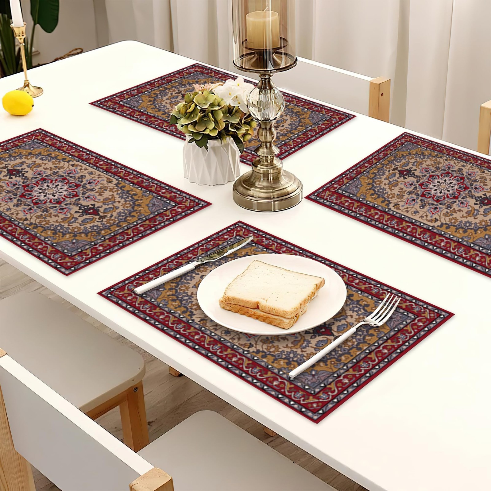 Ethnic Boho Linen Placemats Set of 6,12×18 Inch Vintage Bohemian Washable Tab…