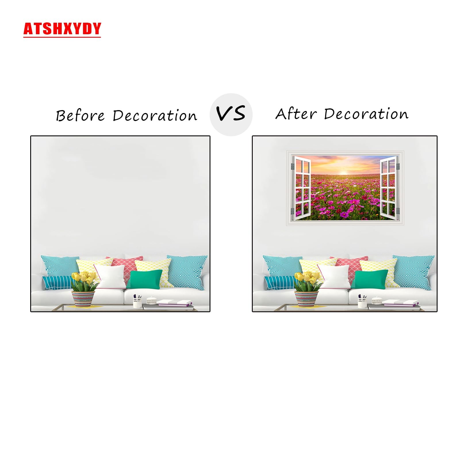 Fake Window Wall Sticker Sunset Pink Flower Garden Poster Picture Open Office…