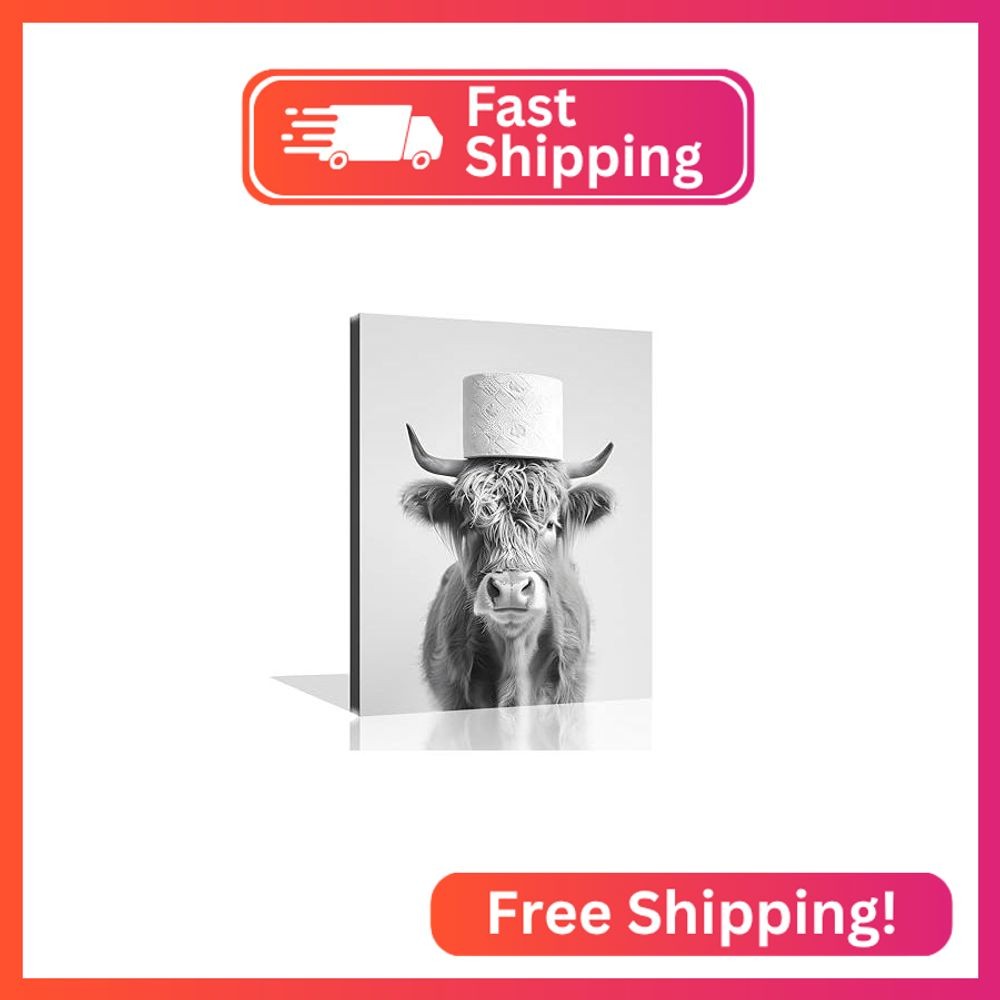 OWNANRTHM Cow Bathroom Canvas Wall Art Highland Cow Bathroom Decor Funny Animal