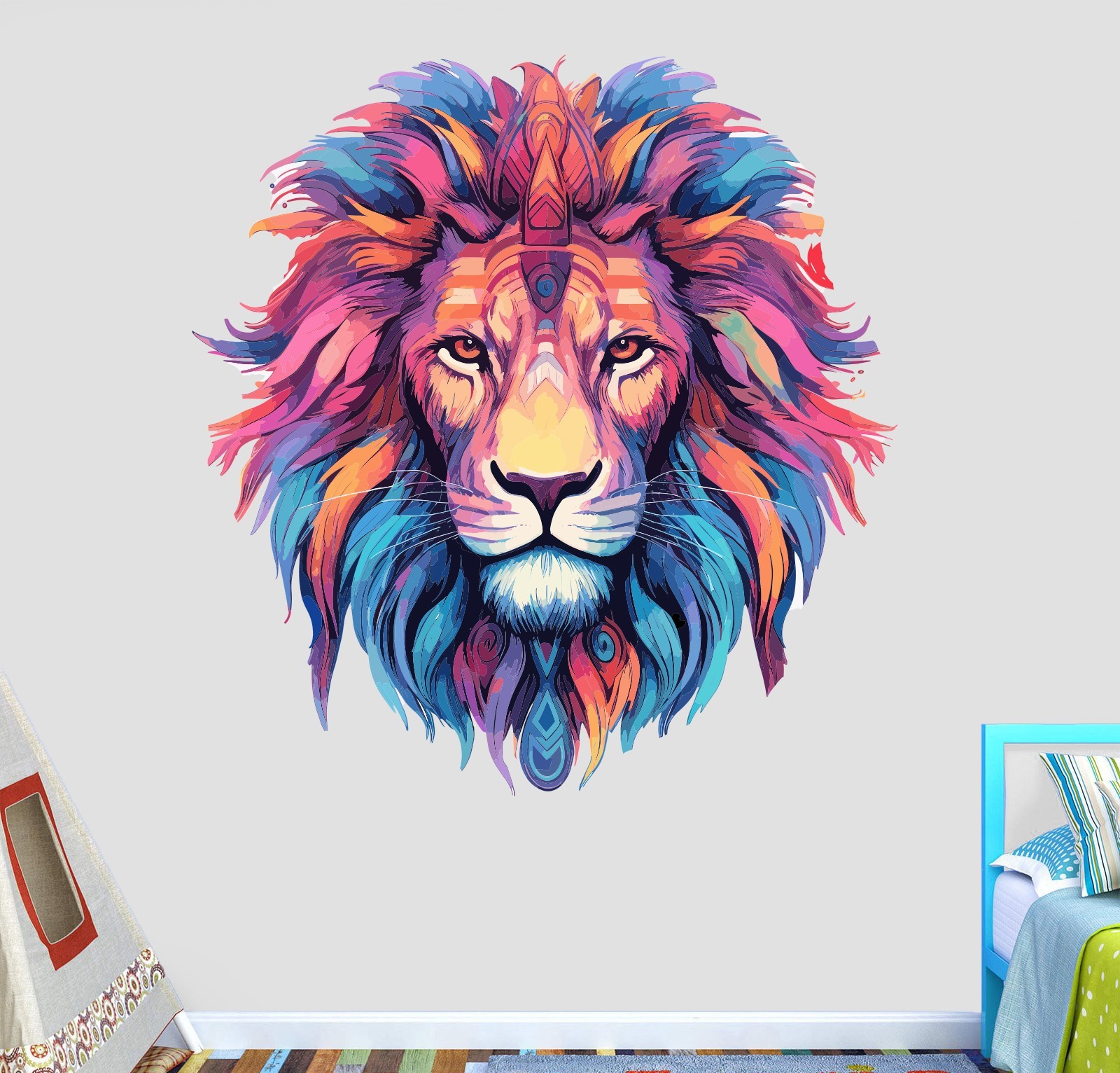 Colorful Lion Head Wall Decal Geometric Animal Vinyl Sticker Tribal Mural M-111