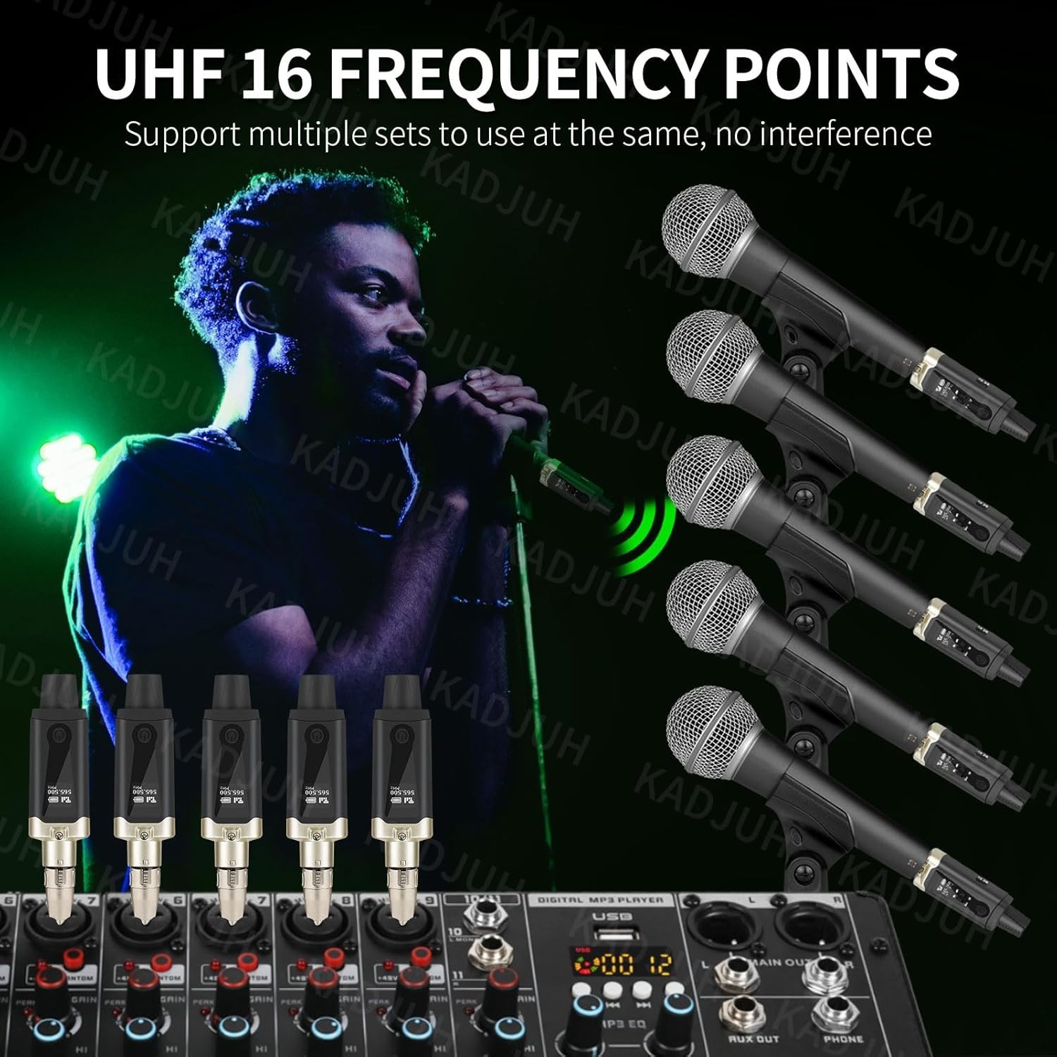 Wireless XLR Transmitter Receiver Set, Rechargeable Mic Adapter, 16 Channels, 19