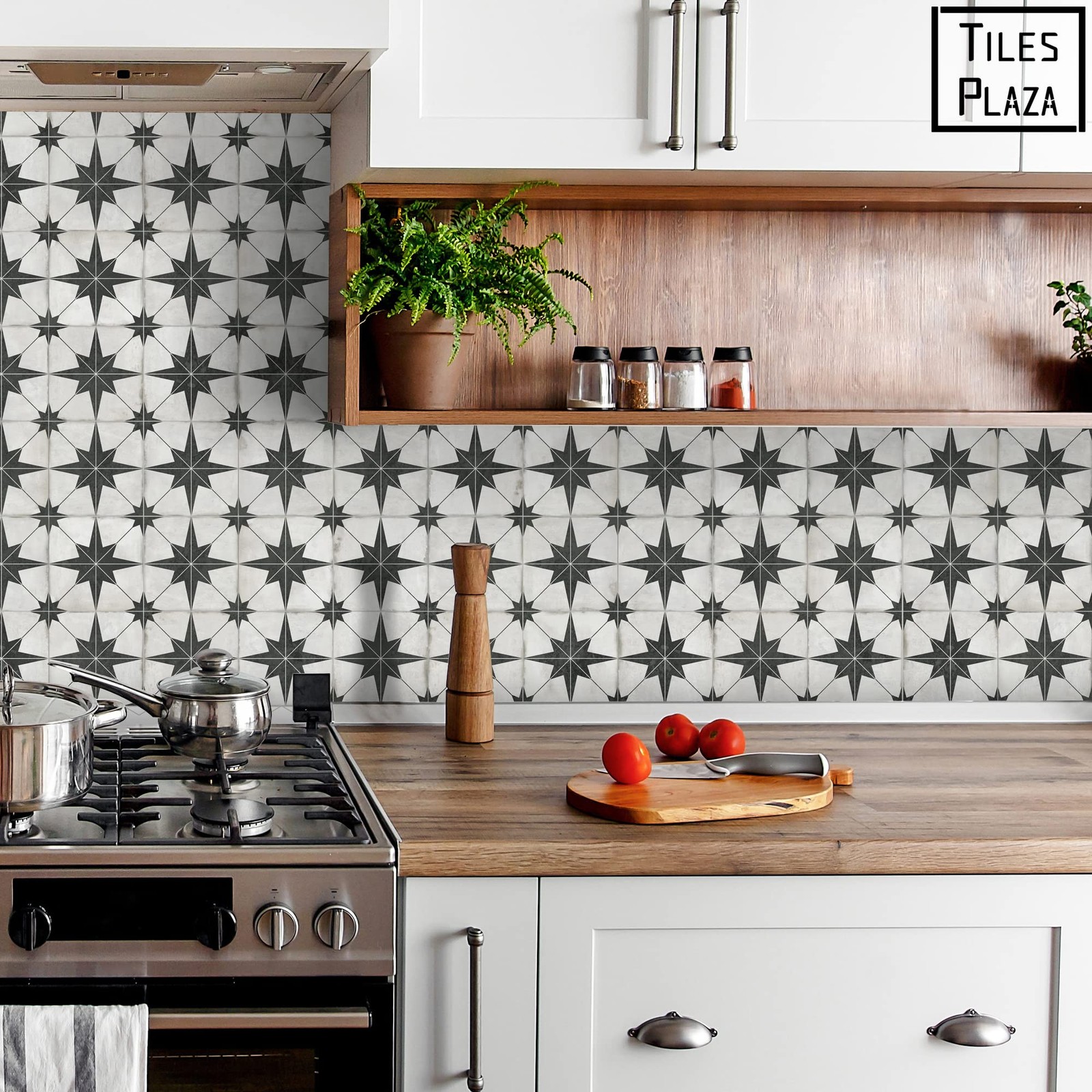 Encaustic Peel and Stick Backsplash, Black Star Patterned Vintage Stick on Ti…