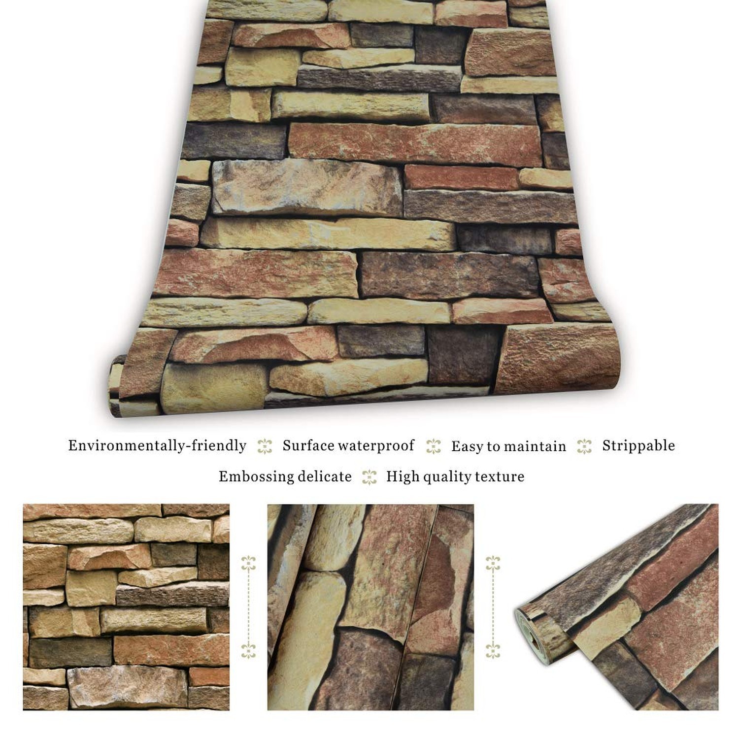 Faux Brick Plank Non-Pasted Wallpaper,Brown/Milky White Home Kitchen Bedroom …