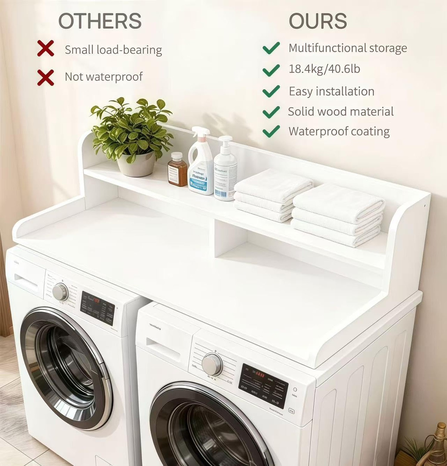 NAT Maya 2-Tier Washer and Dryer Countertop, 54" W x 27.6" D Laundry Room Org…