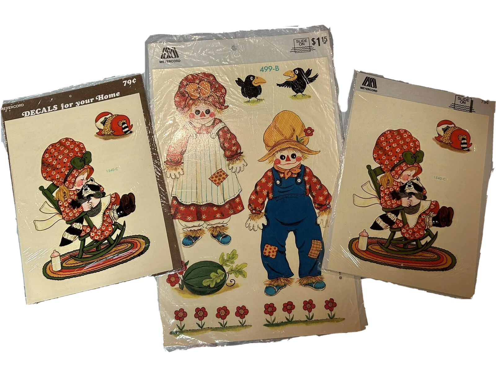 Vintage 1970's Decals Retro Scarecrows Girl In Rocking Chair Bonnet Pinafore