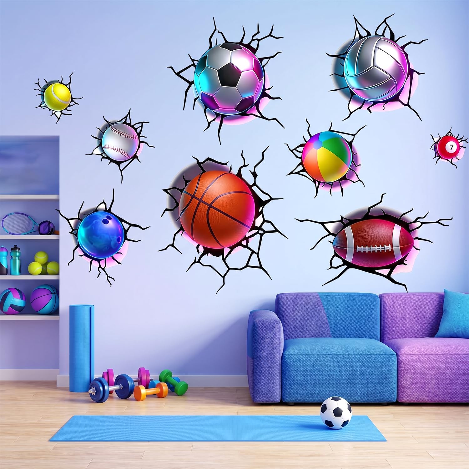 3D Sports Realistic Cracked Wall Decor Art Decals, 10 PCS