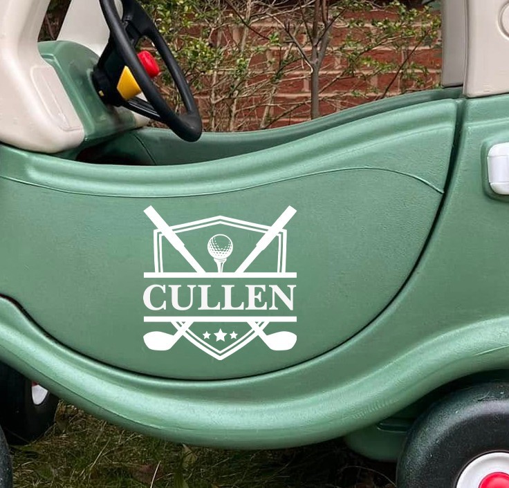 Crossed Golf Clubs Personalized Name Vinyl Sticker Decal Kids Ride On Golf Cart