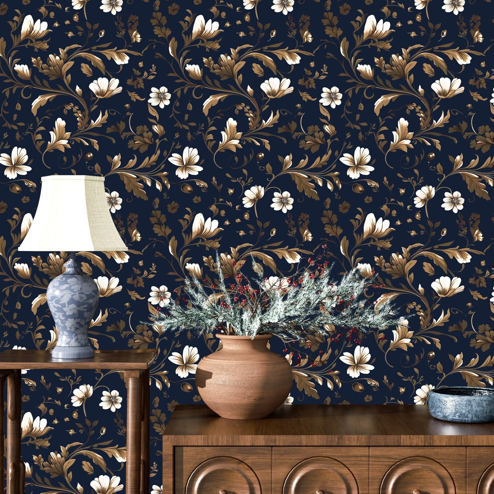 Gold Leaf Wallpaper Peel and Stick Vintage Leaf Contact Paper Dark Blue Flora…