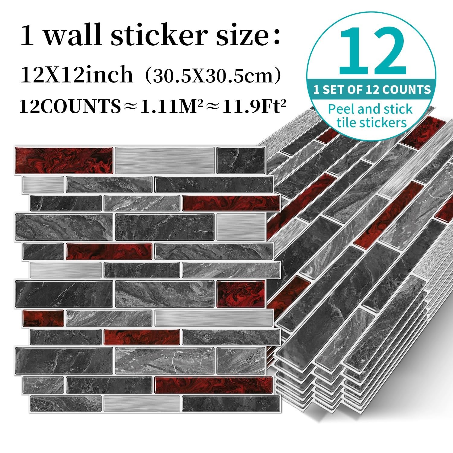 Peel and Stick Tile Backsplash, 12 x 12 inch, Grey & Red Marble