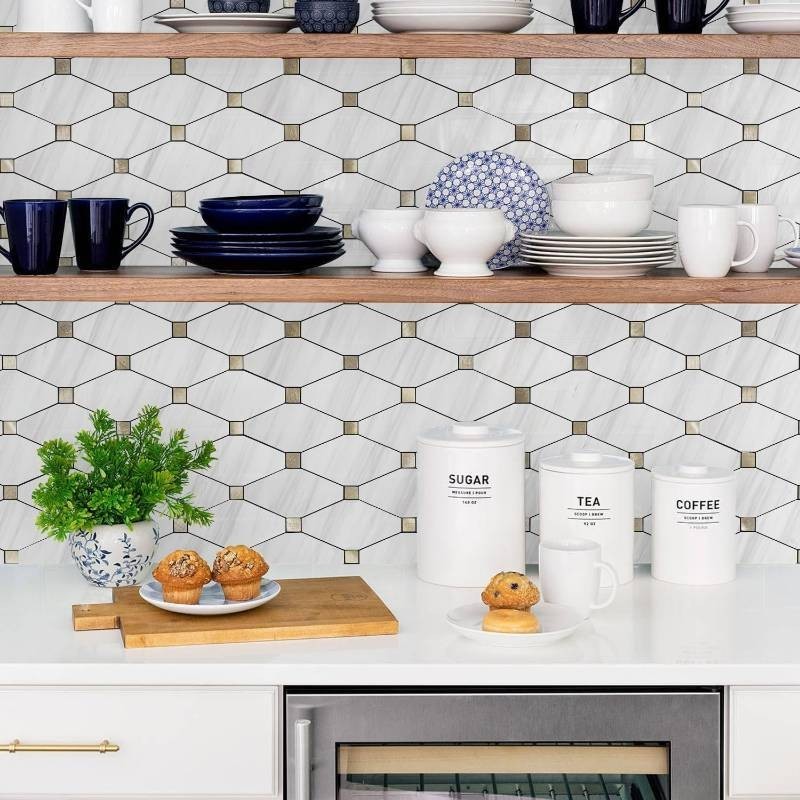 STICKGOO 8 Sheets Peel and Stick Dolomite Mosaic Tile, White Marble/Metal Look