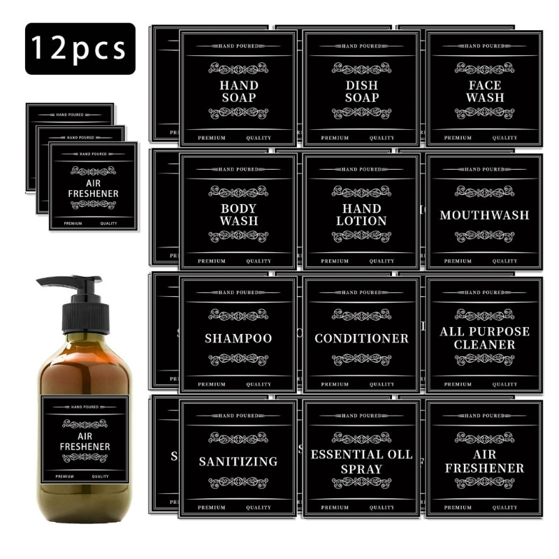12Pcs Easy To Apply Removable Bathroom Labels Sticker for Glass/Plastic Bottles