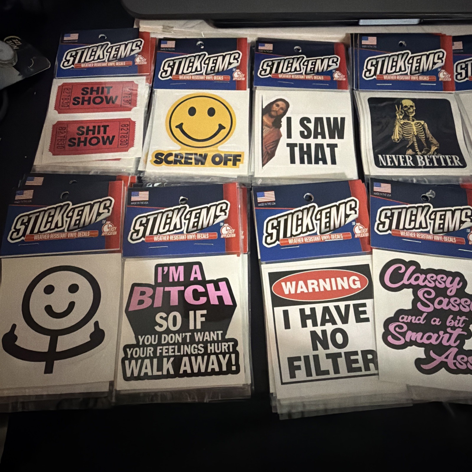 New Stick Em’s Vinyl Sticker Lot of 13 for cars truck jeep & more. Humor, USA