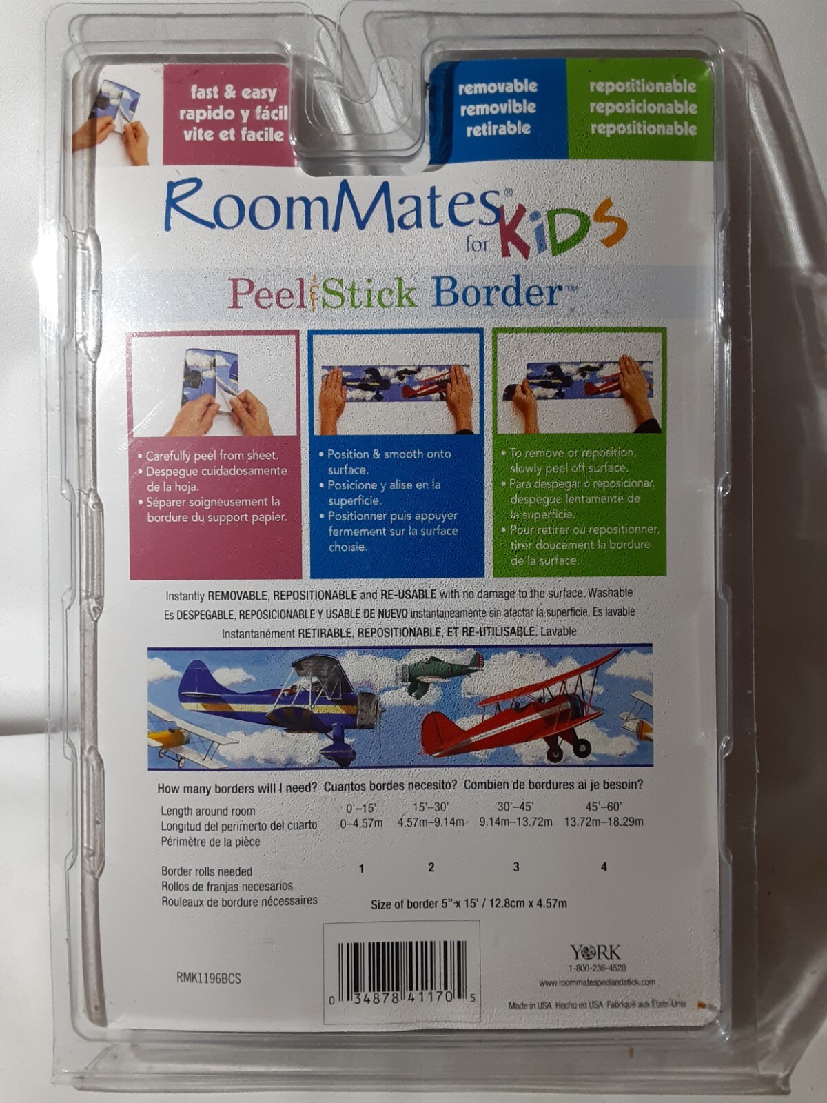 NEW RoomMates for Kids Airplanes Planes Vinyl Removable Peel Stick Border 5"x15'