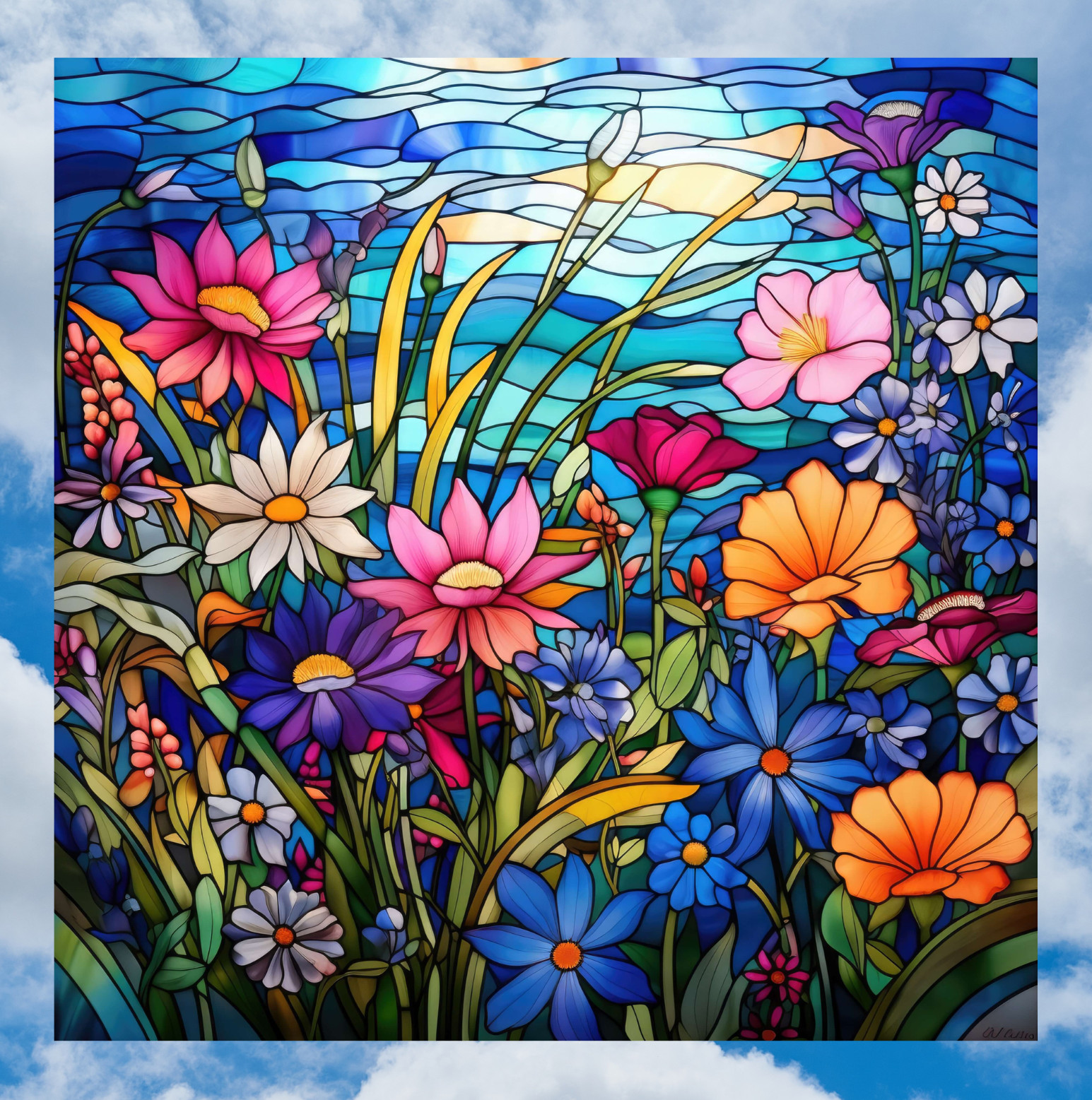 Wildflowers Faux Stained-Glass WINDOW CLING Sun-catcher Size 8" Square Vinyl