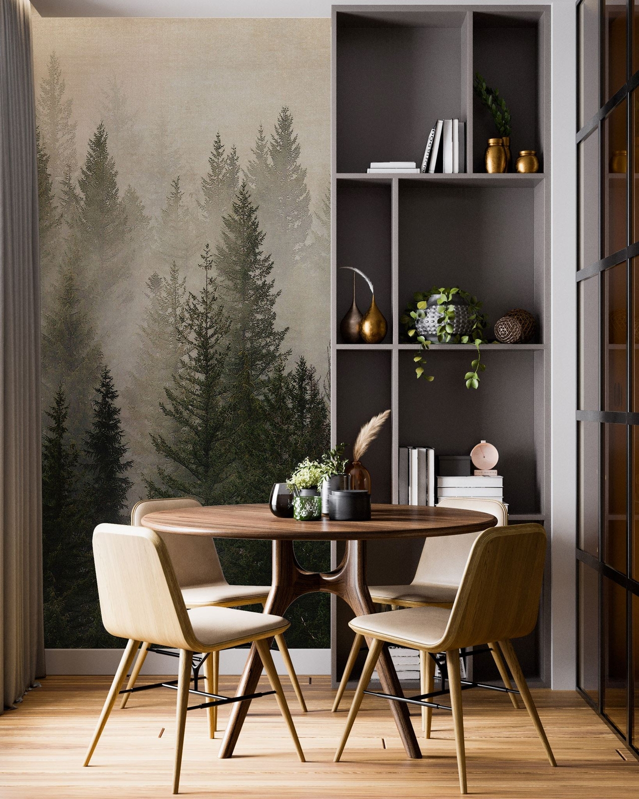 Misty Pine Tree Forest Landscape Wallpaper. Peel and Stick Wall Mural. Self Adhe