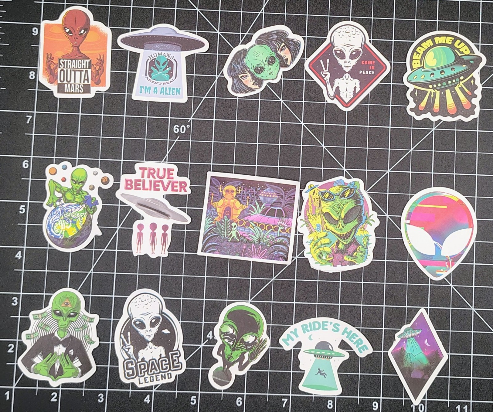 60 Pack Alien UFO Stickers Vinyl Decals Extraterrestrial Space Martian Retro Lot