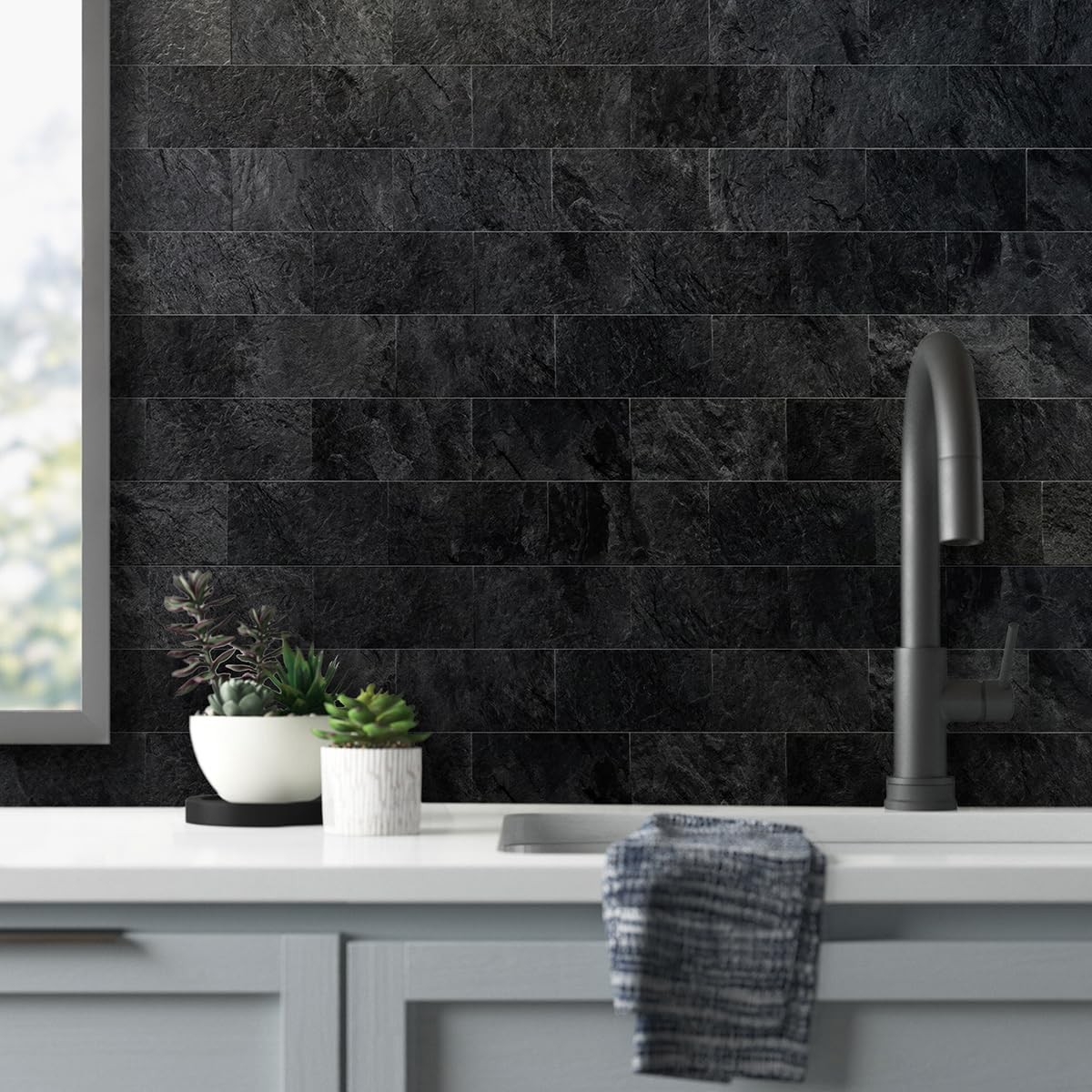 100 Piece Black Slate Peel and Stick Backsplash Wall Tiles, 3" x 6" PVC Faux …