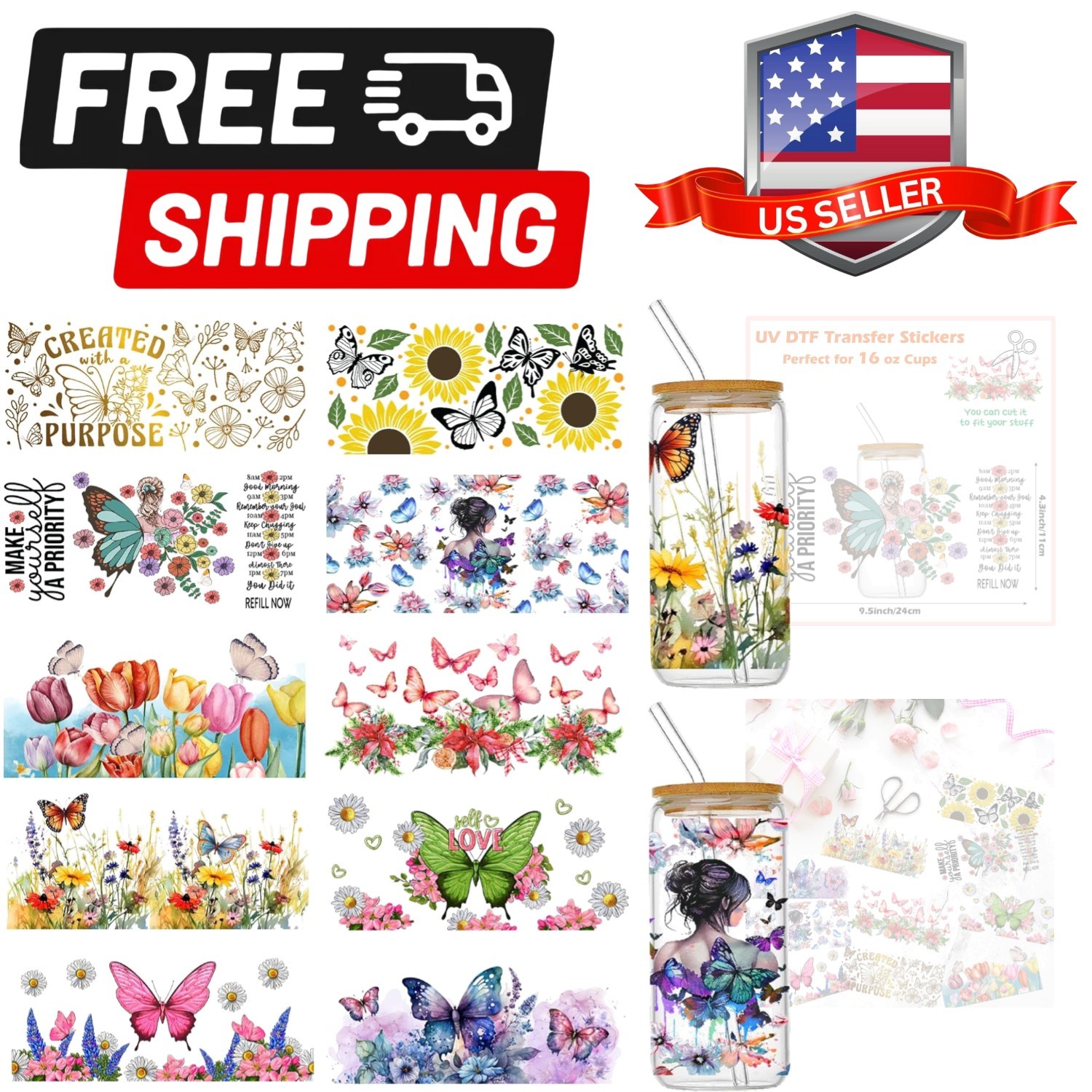 UV DTF Cup Wraps for 16 oz Glass Cups, 10 Sheets Rub on Transfers for Crafts,…