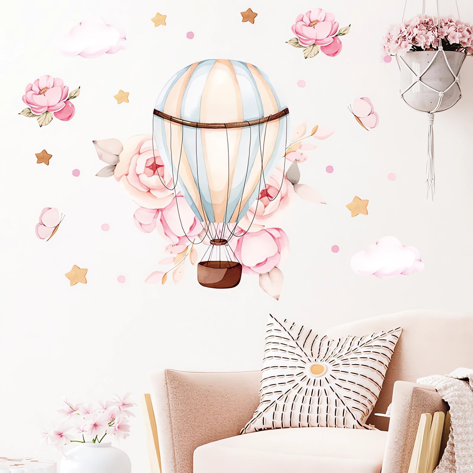 Pink Peony Rose Hot Air Balloon Star Flower Wall Stickers, Cartoon DIY Art Wa…