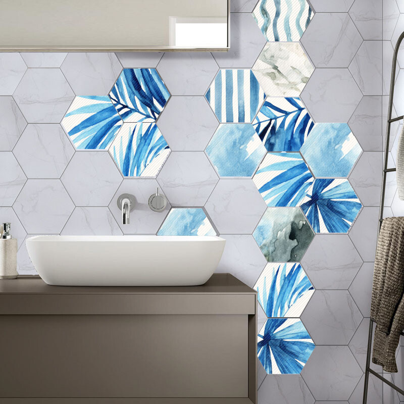 Blue Ink Painting Self-Adhesive Non-Slip PVC Home Floor Wall Tile Sticker 10Pcs