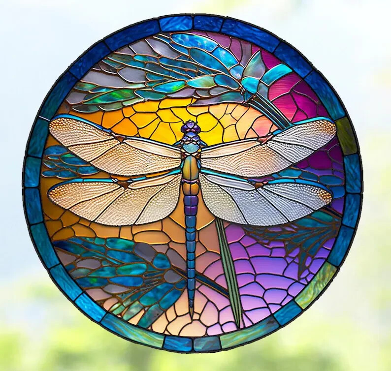 Dragonfly Faux Stained-Glass WINDOW CLING Sun-catcher Size 8" Round Vinyl