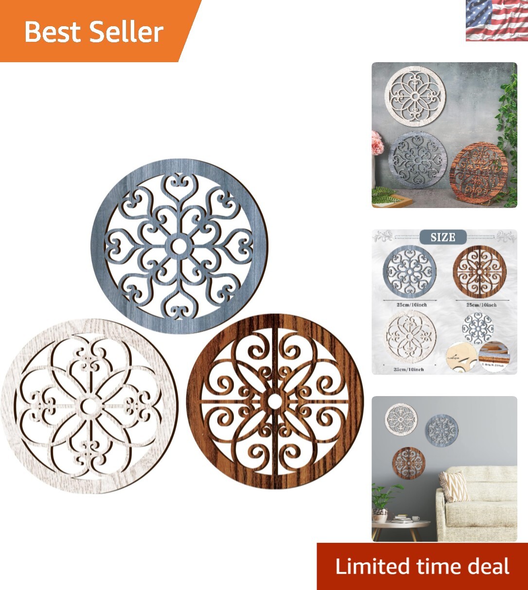 Set of 3 Rustic Wood Wall Decor for Living Room & Bedroom – Vintage Style