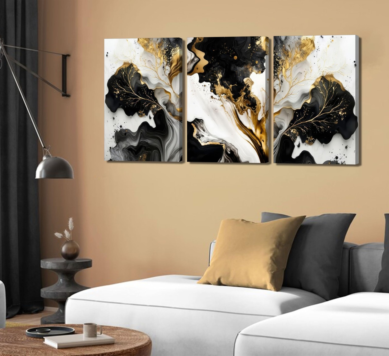 3Pcs Abstract Marble Canvas Wall Art Picture Black White Gold Texture Poster …