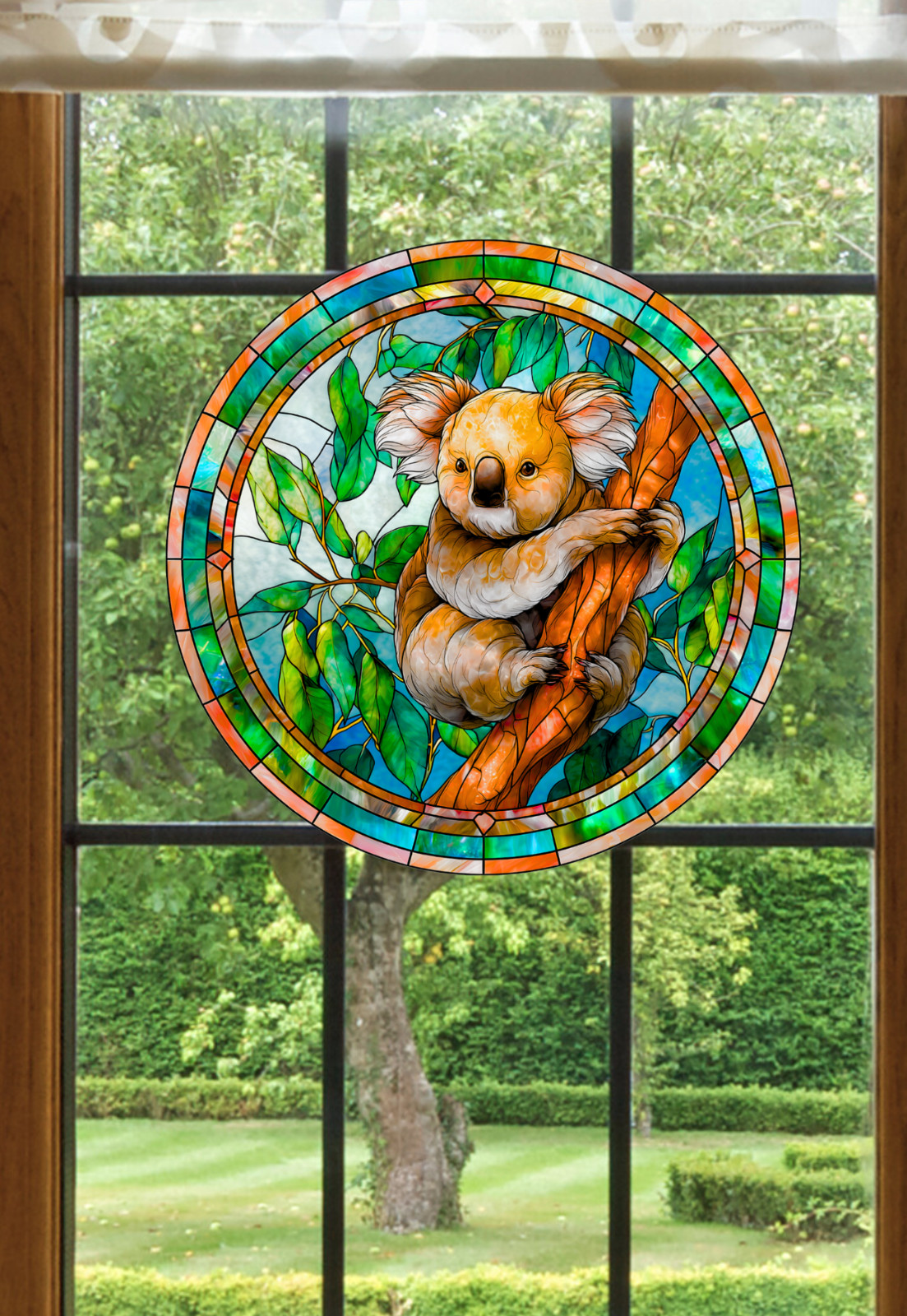 Koala Bear Faux Stained-Glass WINDOW CLING Size 8" Round Repositionable Vinyl