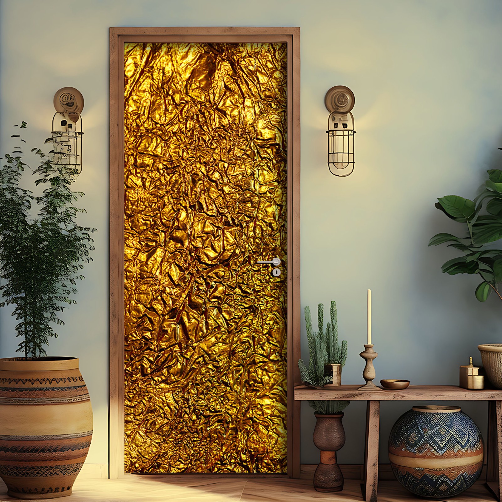 Gold Door Sticker, Golden Pattern, Laminated Cover Wrap, Peel'n'Stick. 1 Piece