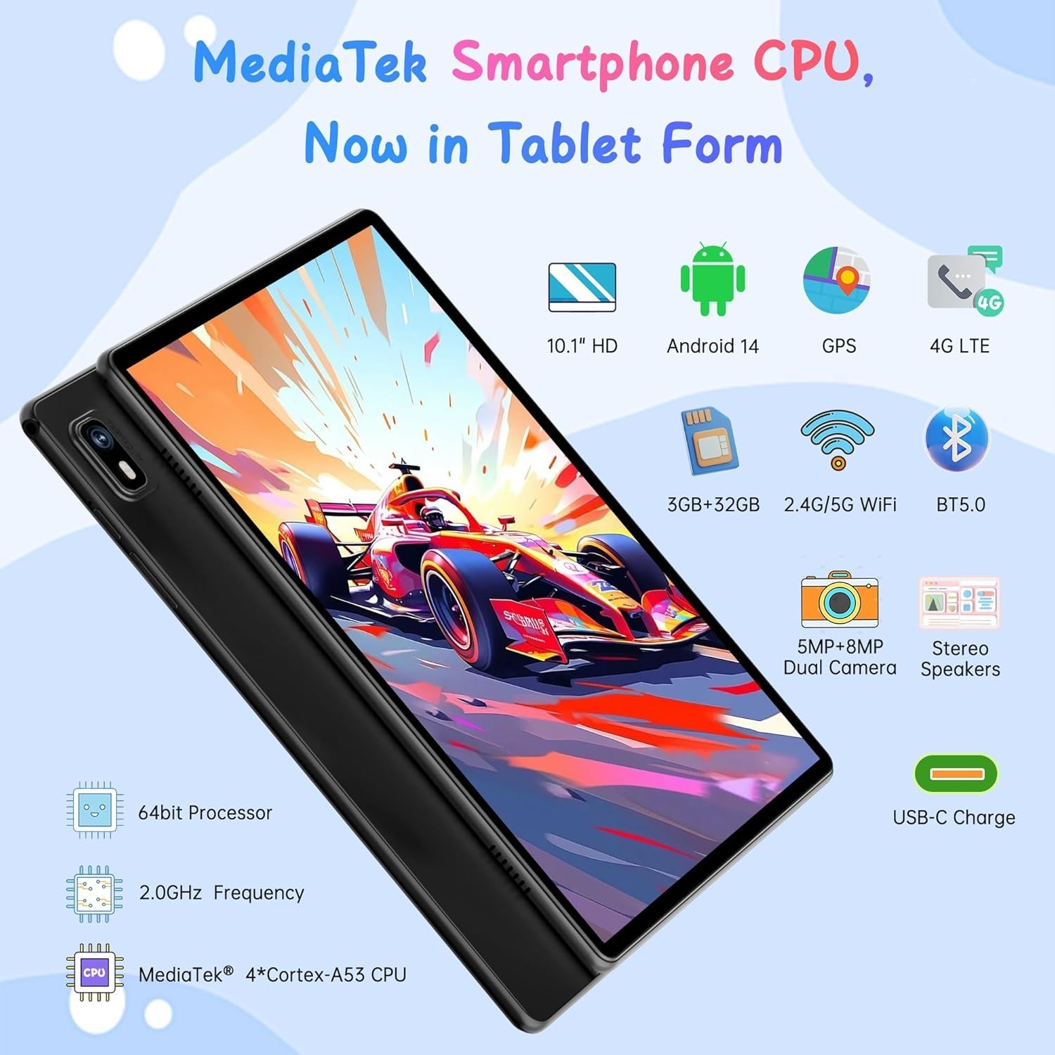 Tablet 10 Inch Android 14, 4G SIM Unlocked, Kid Tablet with SIM Card Slot, IPS T