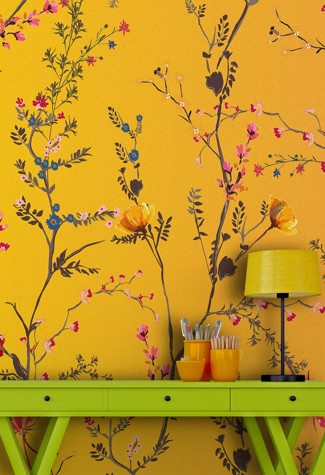 Botanical Flower Garden With Yellow Orange Background Wall Mural. Blossom Flower