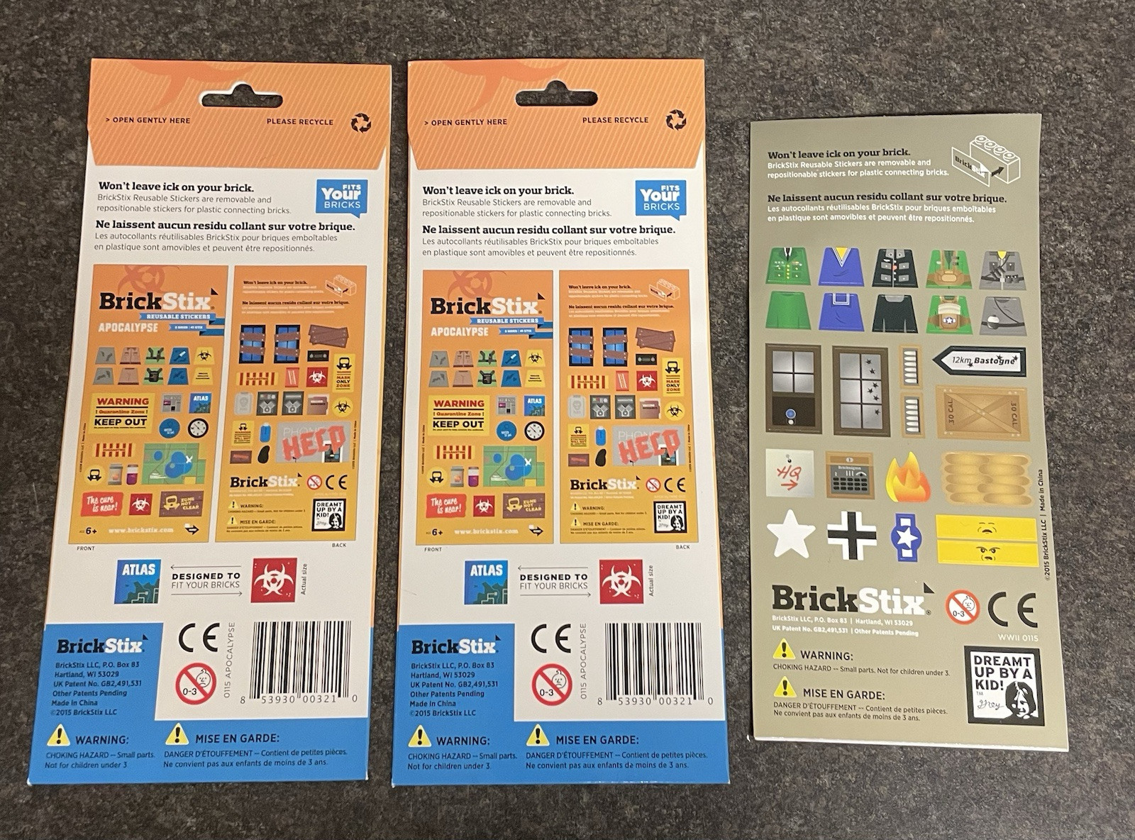 Lot of 3 Brick Stix Reusable Stickers 2 Apocalypse / 1 WWII