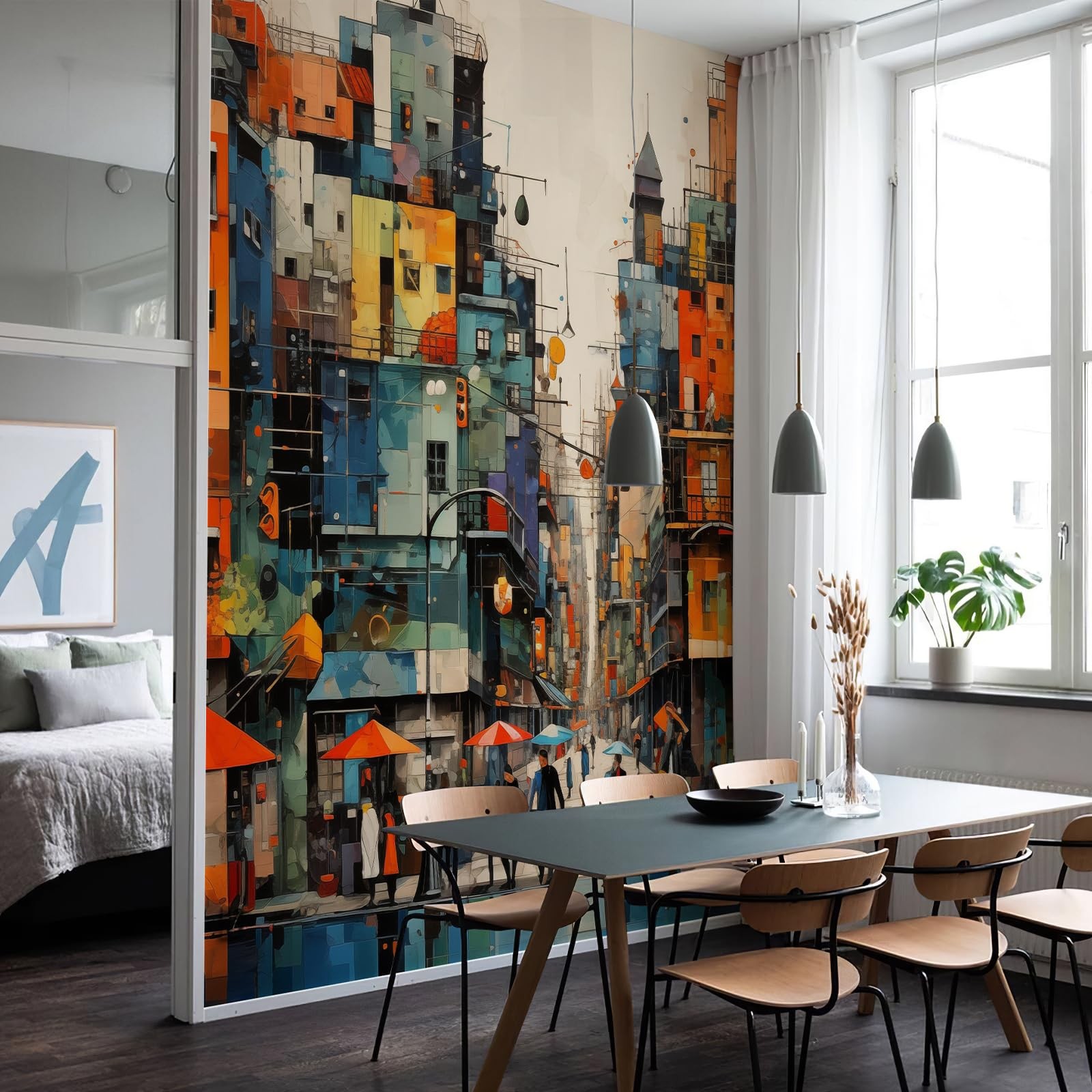 Colorful Modern City Wall Murals 3D Peel and Stick 148" W x 98" H