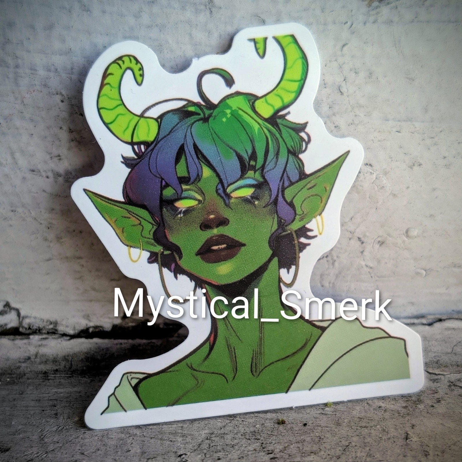 Haunted Active Spirit Demon Girl With Horns Shy Green Elf Sticker No2