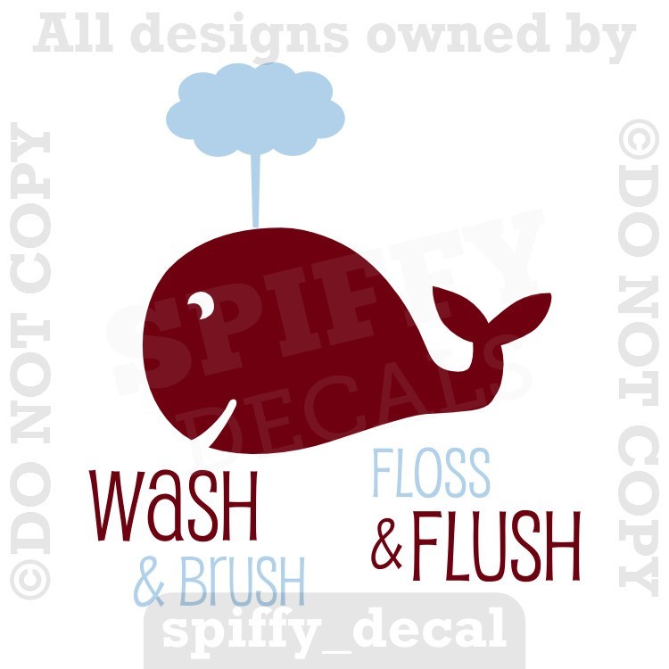 Wash Brush Floss Flush Whale Bathroom Vinyl Wall Decal Quote Decor Sticker
