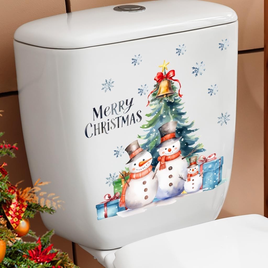 2Pcs Christmas Snowman Toilet Sticker Holly Colorful Balls Toilet Seat Cover