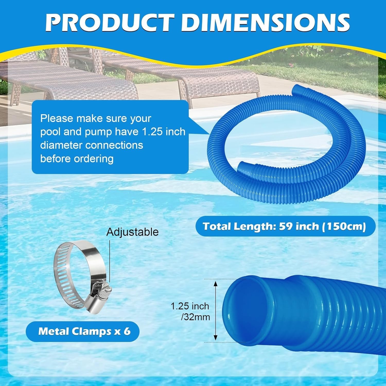 4 Pcs 1.25" Pool Pump Replacement Hoses, 59" Long, Fits Above Ground Filters