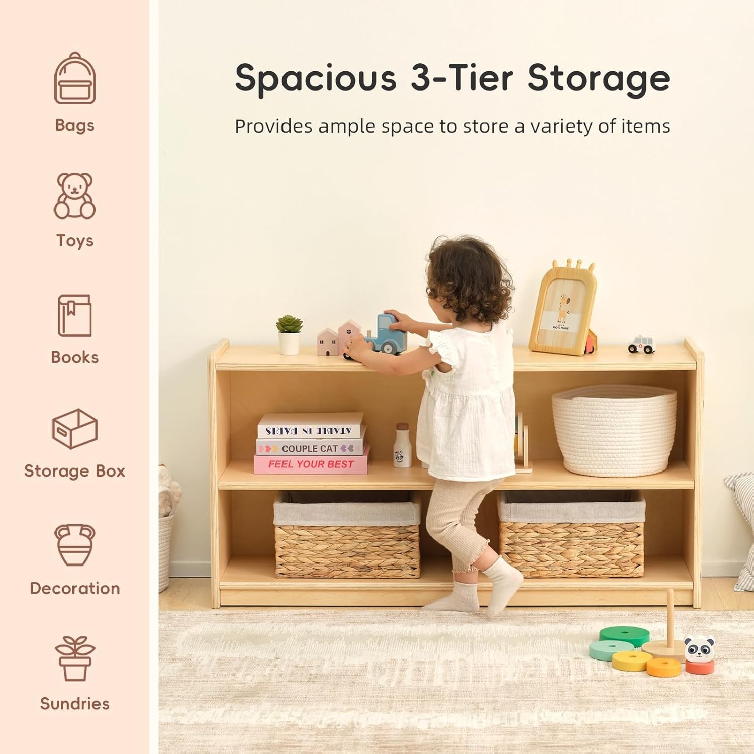 2-Shelf Montessori Shelf Toy Organizers and Storage for Kids, 3-Section Wooden