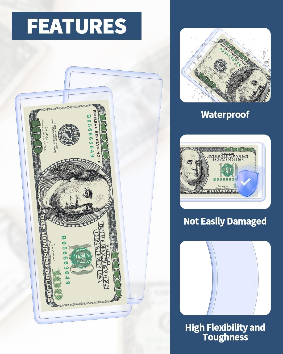 15 Pack Dollar Bill Sleeves – 6.8" x 2.9" Clear PVC Currency Sleeves, Hard…