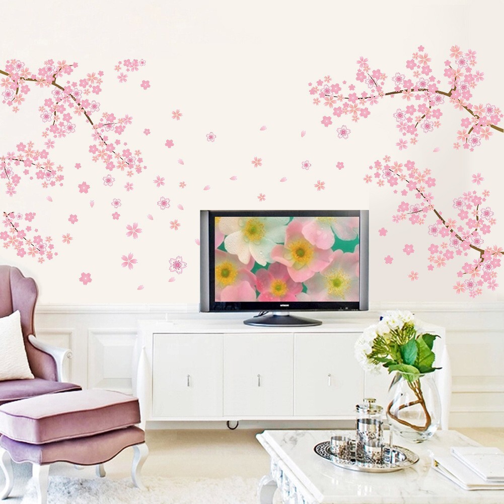 Pink Cherry Blossom Wall Stickers Beautiful Flower Tree Branch Sofa Background